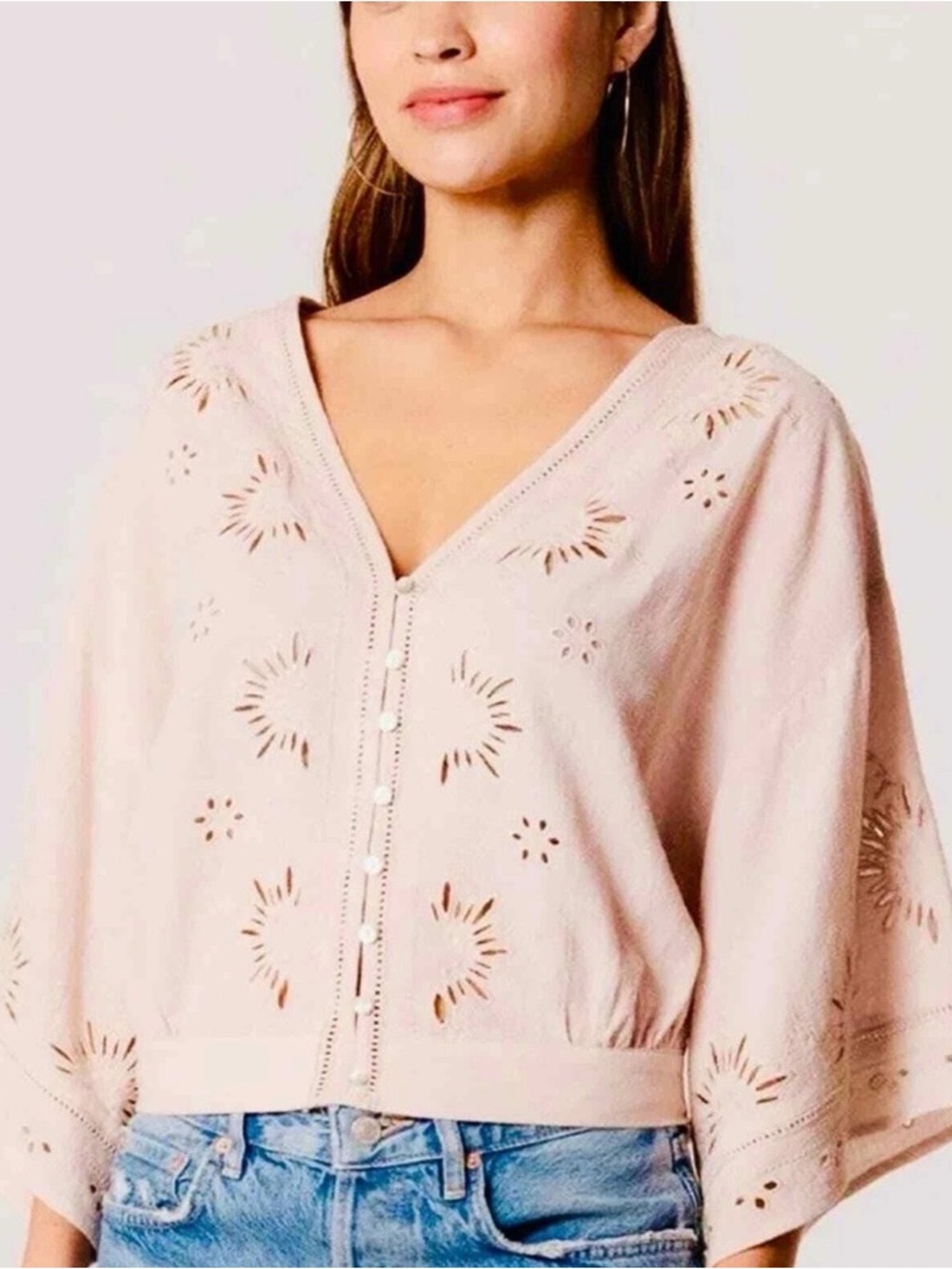 White Embroidered V-Neck Button Front Top Size M